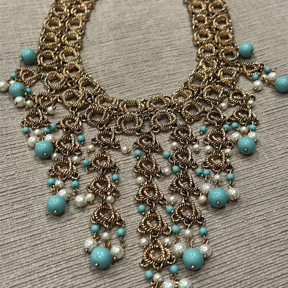 NWT Chicos Amazing Showgirl Style Bib Necklace Pearl Beads Chain Links Gold-tone - Picture 5 of 5